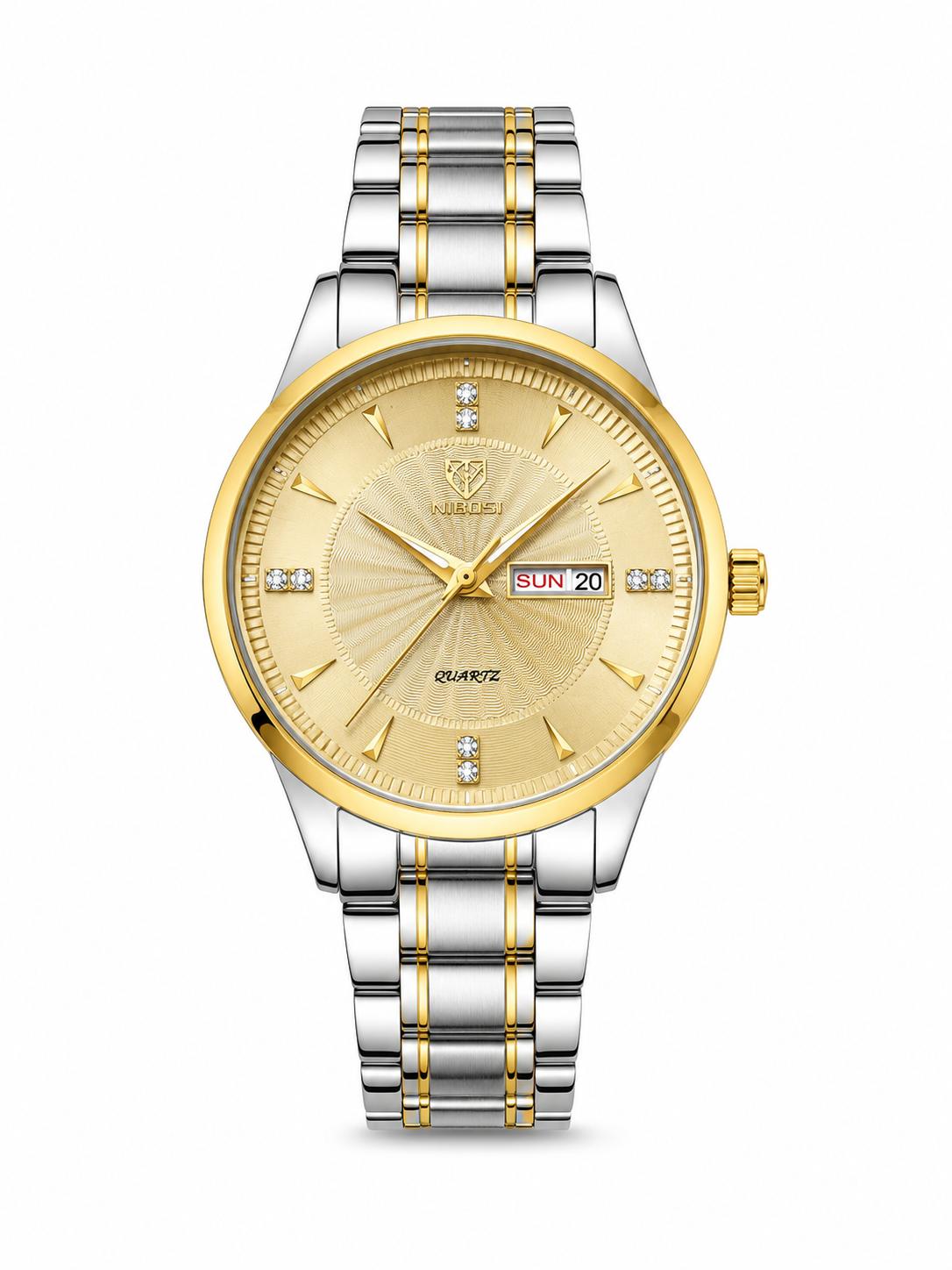NIBOSI Luxury Men's Two-Tone Quartz Watch – Diamond Dial with Day & Date Display (بہترین اور پروفیشنل)