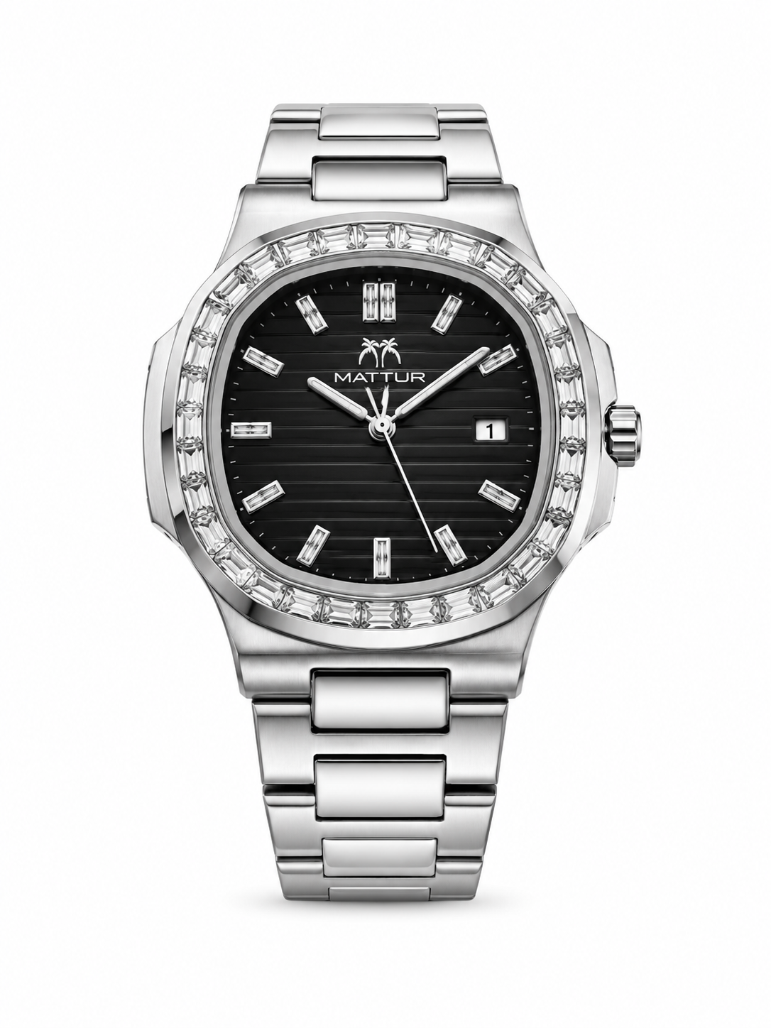 MATTURI Luxury Men's Silver Stainless Steel Watch with Baguette Crystal Bezel and Black Dial