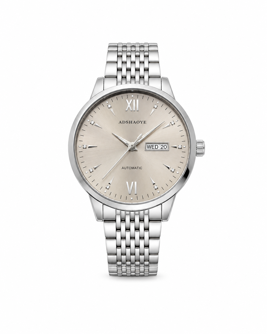 ADSHAOYE Men's Luxury Automatic Watch – Silver Stainless Steel Chain with Day and Date Display