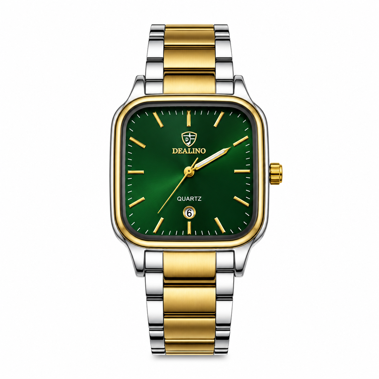 DEALINO Luxury Square Quartz Men's Watch – Available in Dual-Tone Gold/Silver (White & Green Dial) and Classic Full Silver