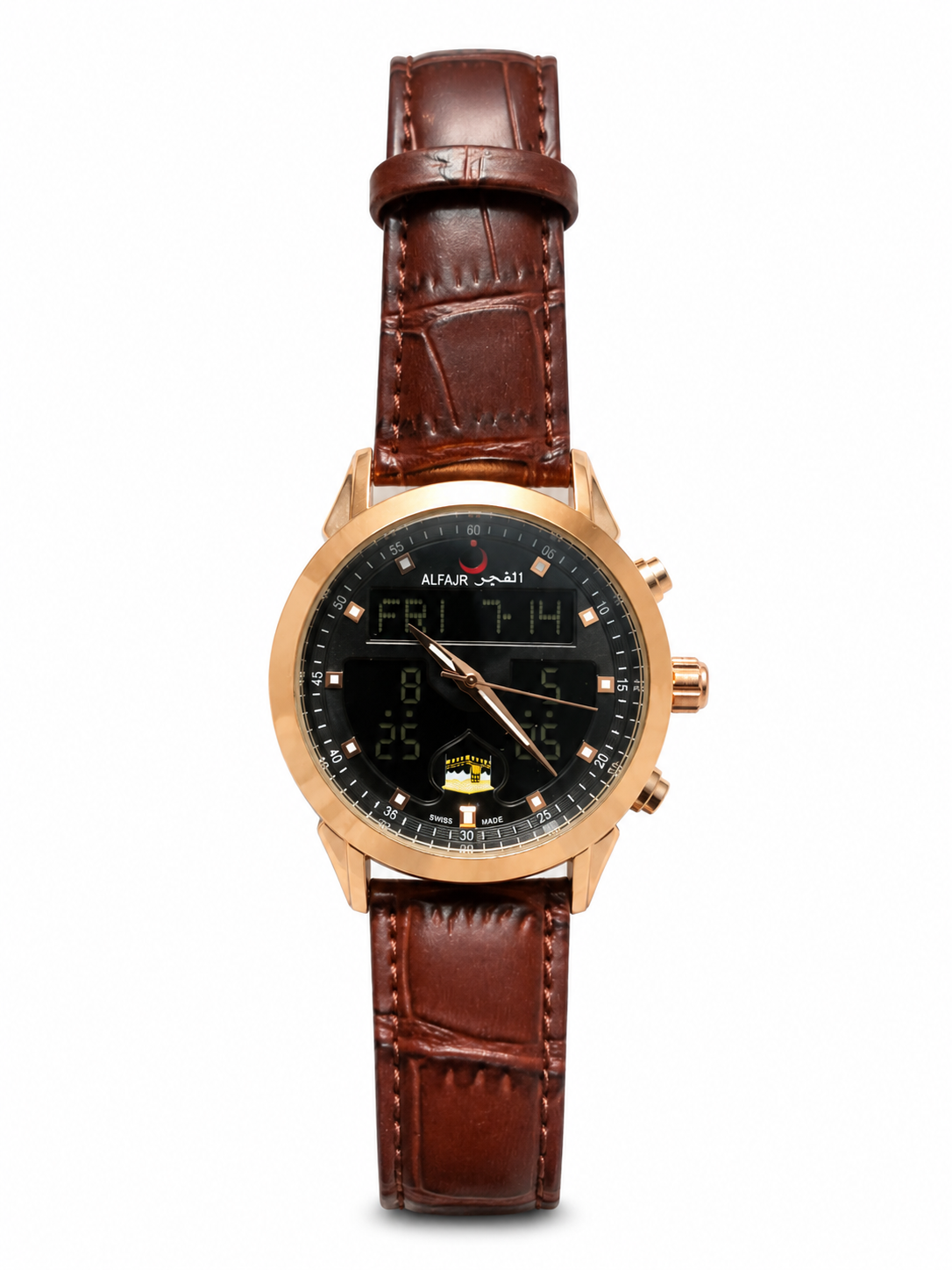AlFajr Swiss Made Luxury Digital Analog Watch – Rose Gold & Brown Leather