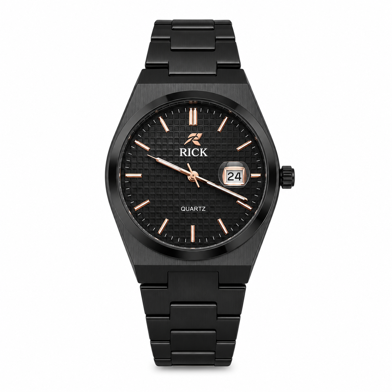 RICK Premium Quartz Stainless Steel Watch – Date Display | Luxury Men's Wrist Watch (Silver, Gold & Black)