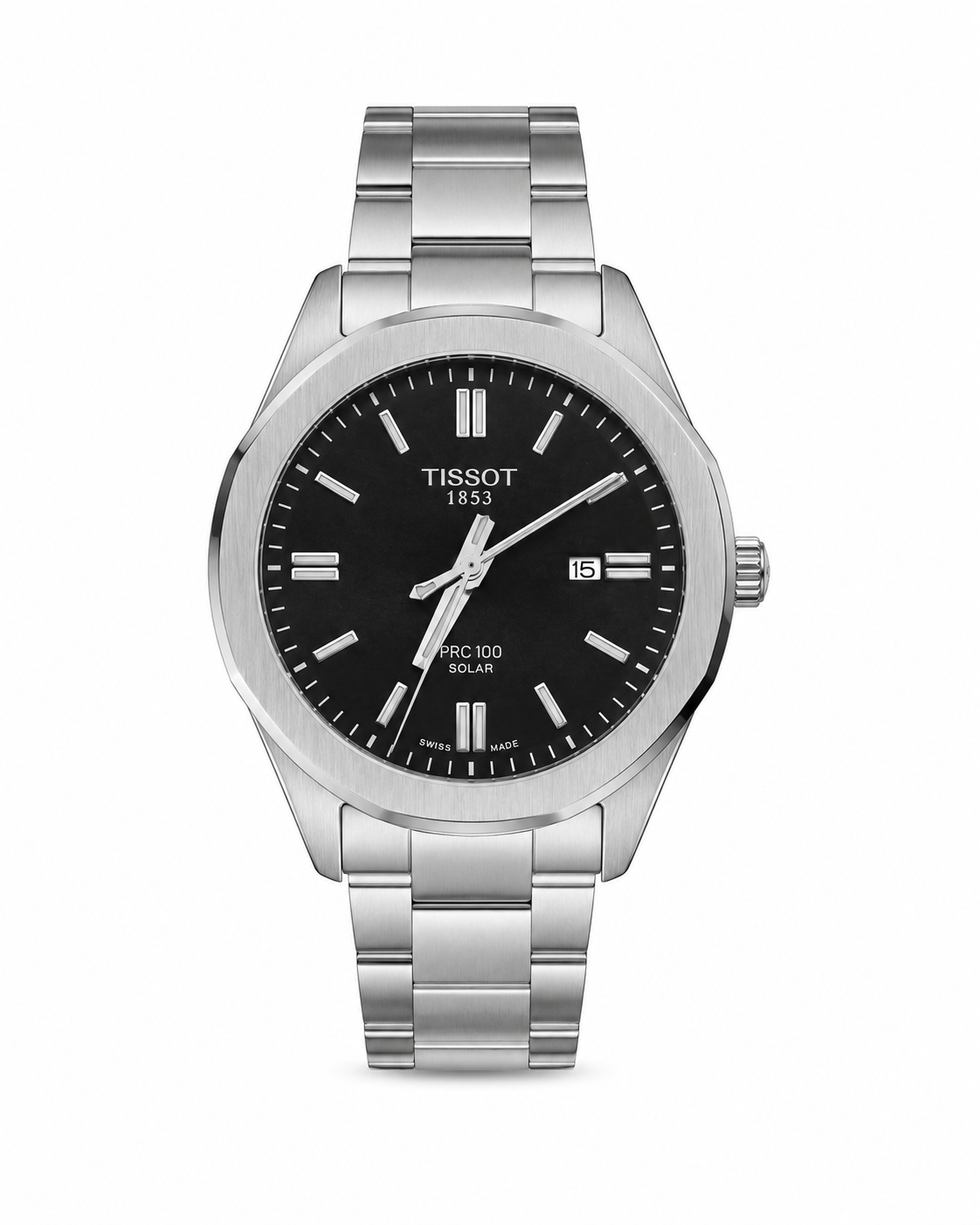 Tissot PRC 100 Solar Men's Watch – Swiss Made Stainless Steel Silver Chain with Black Dial
