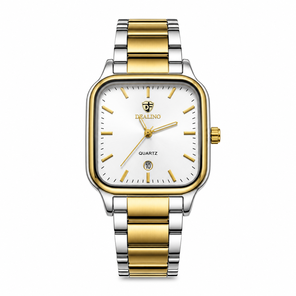 DEALINO Luxury Square Quartz Men's Watch – Available in Dual-Tone Gold/Silver (White & Green Dial) and Classic Full Silver