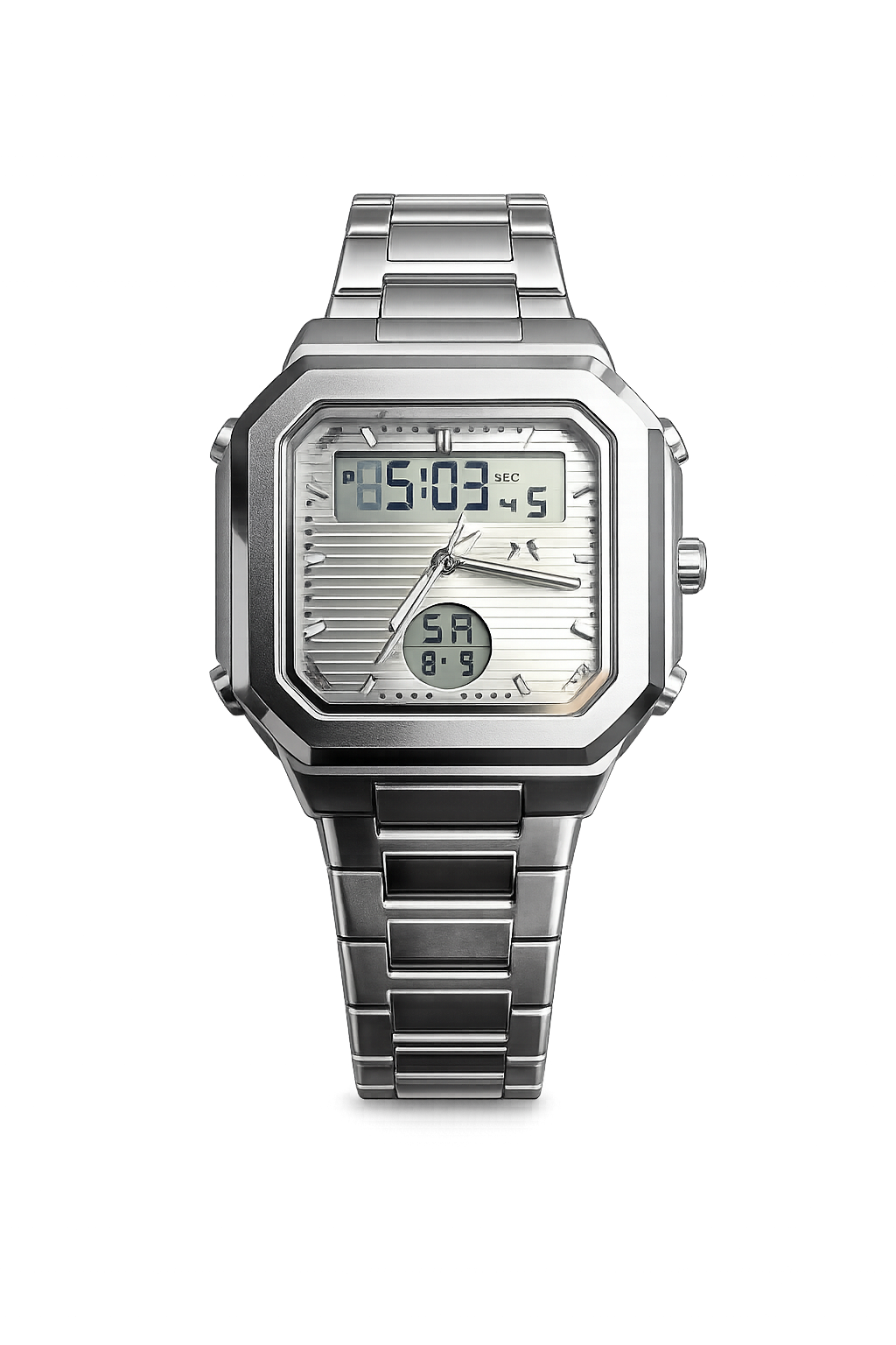 Premium Dual Display Analog & Digital Stainless Steel Watch for Men – Silver