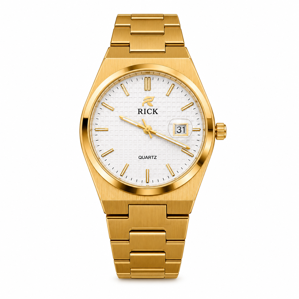 RICK Premium Quartz Stainless Steel Watch – Date Display | Luxury Men's Wrist Watch (Silver, Gold & Black)