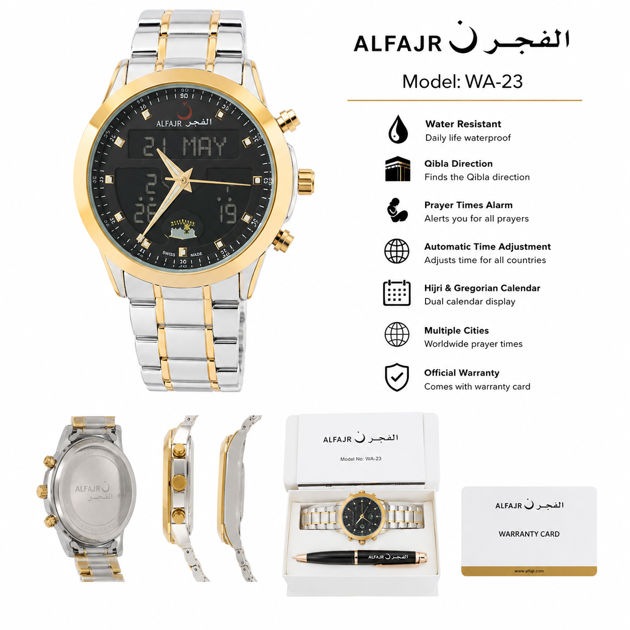 ALFAJR WA-23 Islamic Prayer Watch – Qibla, Prayer Alarm & World Time